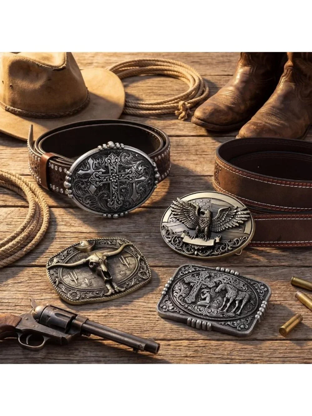 Vintage Western Belt Buckle Set - 4 Pcs Cowboy Style with Longhorn, Cross